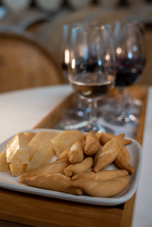 Rioja red dry wines tasting with traditional Spanish tapas during visit of winery in Rioja Alavesa wine production region, Spainの写真素材