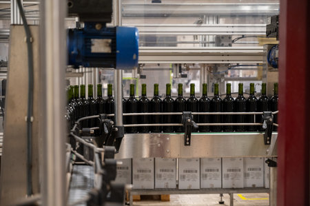 Bottling process of red and white rioja wine on modern winery, wine making in La Rioja region, Spainの写真素材