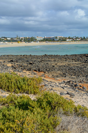 Winter sea and sun vacation in Caleta de Fuste touristic village on Fuerteventura, Canary islands, Spainの写真素材