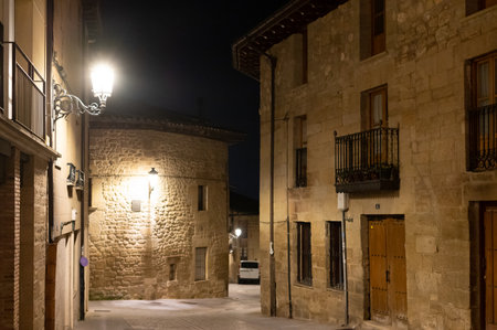 Streets of small village Elsiego in Rioja valley at nightの写真素材