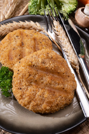 Source of fiber plant based vegan wheat protein grilled burgers, meat free vegetarian healthy food close upの写真素材