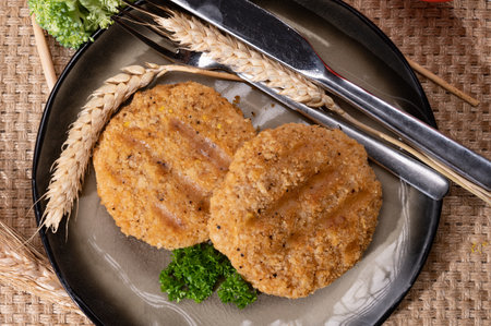 Source of fiber plant based vegan wheat protein grilled burgers, meat free vegetarian healthy food close upの写真素材