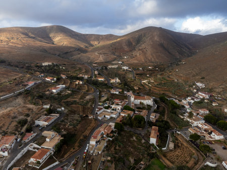 Canarian countryside hilly landscape of Fuerteventura island near Betancuria old town, winter in Spainの写真素材