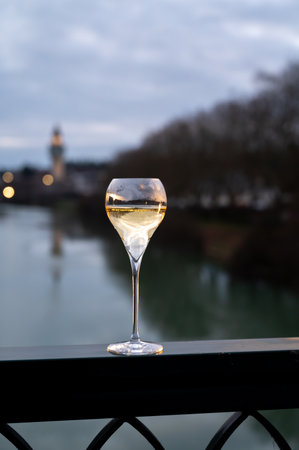 Glass of french sparkling white wine with bubbles champagne outdoor with view on green waters of Marne river and lights of boulevard promenade in morning twilight, Epernay, Champagne, Franceの写真素材