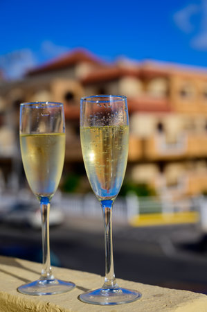 Dinner party, drinking of cava or champagne sparkling wine in vacation resort Caleta Fuste, Fuerteventura, Canary islands winter sun vacation, Spainの写真素材