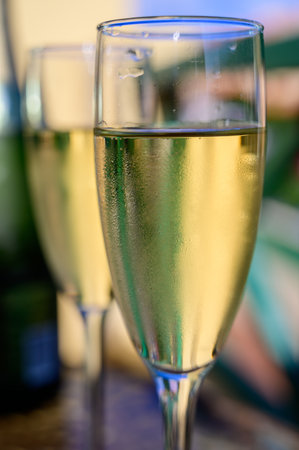 Dinner party, drinking of cava or champagne sparkling wine in vacation resort Caleta Fuste, Fuerteventura, Canary islands winter sun vacation, Spainの写真素材