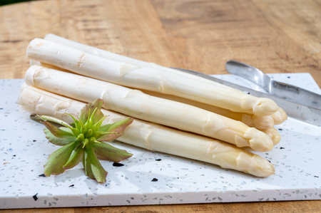 Spring season, new harvest of Dutch, German white asparagus, bunch of raw white asparagus on tableの写真素材