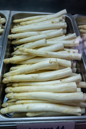First Dutch white washed asparagus for sale on farm in North Brabant, the Netherlandsの写真素材