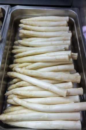 First Dutch white washed asparagus for sale on farm in North Brabant, the Netherlandsの写真素材