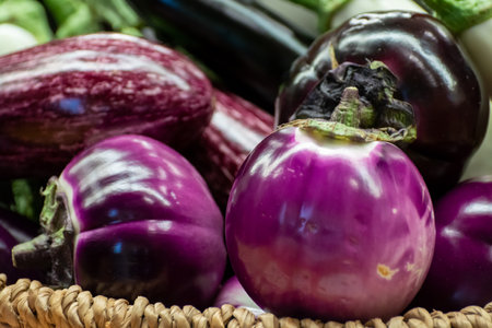 Variety of fresh eggplant vegetables, white, graffiti, purple, round eggplant Violetの写真素材