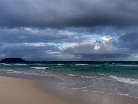 Sunset view on white sandy Corallejo beach, Atlantic ocean water waves and kite surfers at winter, Fuerteventura, Canary islands, Spainの写真素材
