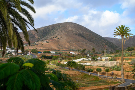 Streets and white houses of Canarian old town Betancuria on Fuerteventura island, winter in Spainの写真素材