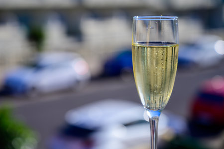 Dinner party, drinking of cava or champagne sparkling wine in vacation resort Caleta Fuste, Fuerteventura, Canary islands winter sun vacation, Spainの写真素材