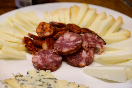 Plate with variety of Spanish gourmet snacks as starter or during wine tasting close upの写真素材