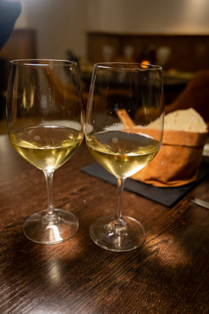 wo glasses of Chilean Chardonnay Viognier white wine served in cozy Dutch restaurant close upの写真素材