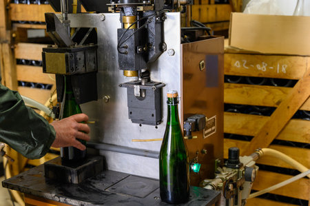 Disgorgement and adding sweet liquor procedure, traditional way of making champagne sparkling wine from chardonnay and pinor noir grapes in Epernay, Champagne, Franceの写真素材