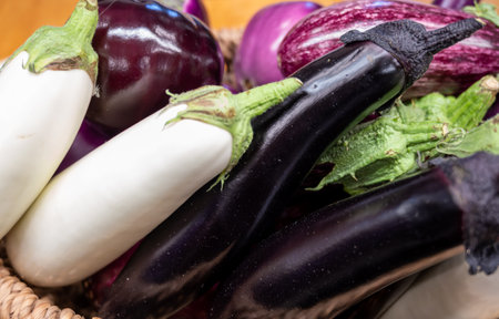Variety of fresh eggplant vegetables, white, graffiti, purple, round eggplant Violetの写真素材