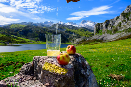 Pouring of natural Asturian cider made from fermented apples from green bottle and high height with view on Covadonga lake and tops of Picos de Europa mountains, North of Spainの写真素材