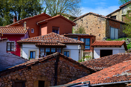 Old houses in remote mountain village Asiego, Picos de Europa mountains, Asturias, North of Spain.の写真素材