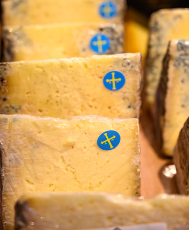 GamonÃ©u or gamonedo cheese made from cow, sheep and goat milks lightly smoked with thin natural rind from Asturias for sale in shop, Spainの写真素材
