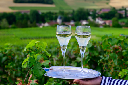 Drinking of sparkling white wine with bubbles champagne on green hilly vineyards in small village Urville in Cote des Bar, Champagne region, France in summerの写真素材