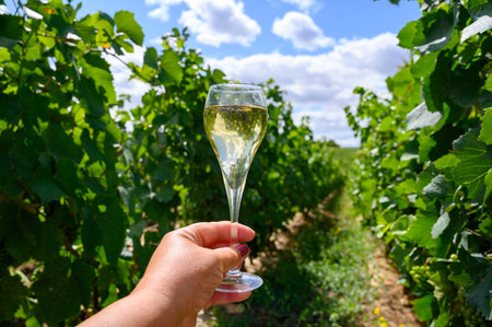 Tasting of sparkling white wine with bubbles champagne on summer weekend festival route of champagne on vineyards in Celles-sur-Ource, Cote des Bar, Champagne region, Franceの写真素材