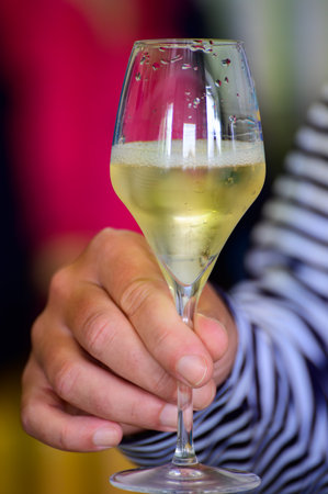 Tasting of sparkling white wine with bubbles champagne on summer weekend festival route of champagne in Cote des Bar, Champagne region, Franceの写真素材