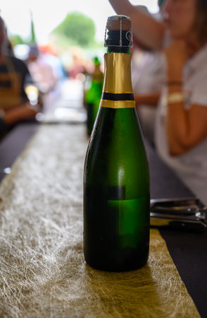 Tasting of sparkling white wine with bubbles champagne on summer weekend festival route of champagne in Cote des Bar, Champagne region, Franceの写真素材