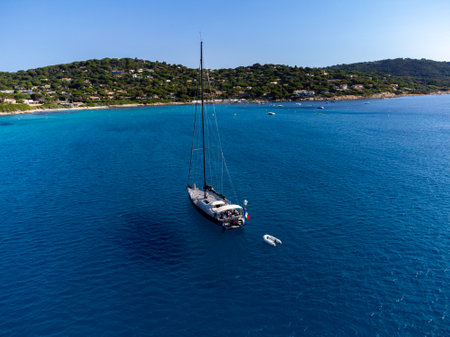 Summer holidays on French Riviera, aerial view on rocks and sandy beach Escalet with crystal clear blue water near Ramatuelle and Saint-Tropez, Var, France, Cote d'Azurの写真素材
