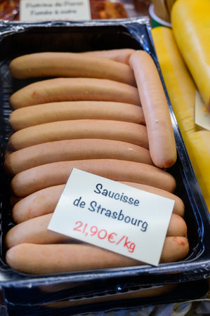 Pork sausages from Alsace, France. English translation: Sausage Strasbourgの写真素材