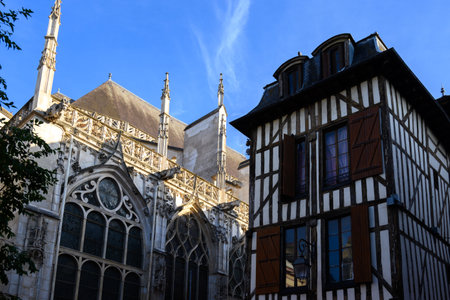 Medieval central part of Troyes old city with half-timbered houses and narrow streets, Champagne, France, tourist destinationの写真素材