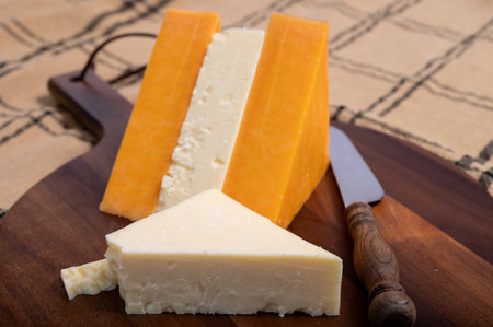 British cheeses collection, Scottish colored and English matured cheddar cheeses close up.の写真素材