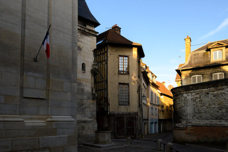 Medieval central part of Troyes old city with half-timbered houses and narrow streets, Champagne, France, tourist destinationのeditorial素材