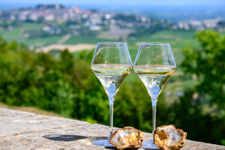 Glasses of white wine from vineyards of Sancerre Chavignol appellation and example of flint pebbles soil, near Sancerre village, Cher, Loire valley, France.の写真素材