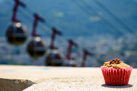 Gateau Grenoblois, French Walnut Coffee Cake, specialty from Grenoble and view on central part of Grenoble city from Bastille fortres witn mountains and old cable cars , Isere, Franceの写真素材
