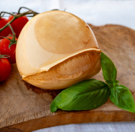 Ball of smoked tasty Italian soft cheese Mozzarella di Bufala Campana served with fresh green basil and red sicilian tomatoesの写真素材