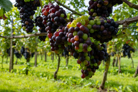Wine making in Netherlands, ripe black red wine grape ready for harvest on Dutch vineyards in...