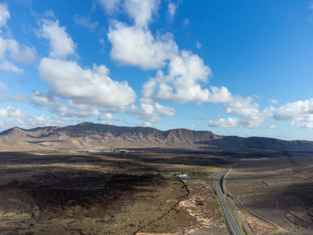 Canarian volcanic landscape and mountains on Fuerteventura island, Canary islands, winter vacation in Spainの写真素材