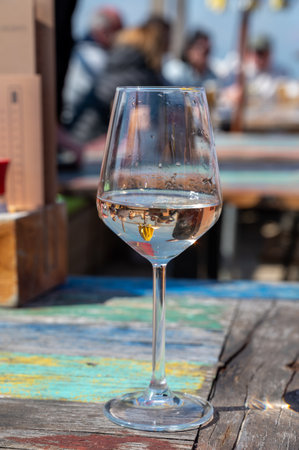 Drinking of pinot grigio dry cold wine, served outdoor in beach cafe in North Holland, North sea sandy beach, the Netherlandsの写真素材