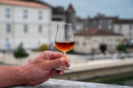 Tasting of Cognac strong alcohol drink in Cognac region, Charente with view on ols houses and streets of Cognac town on background, France is autumnの写真素材