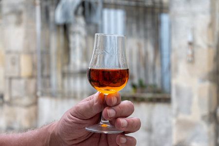 Tasting of aged in barrels cognac alcohol drink and view on old streets and houses in town Cognac, Grand Champagne, Charente, strong spirits distillation industry, Franceの写真素材