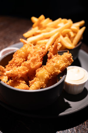 Dutch snacks for beer or wine, french fried potato chips and deep fried tempura shrimps and hot dip sauce and mayonnaiseの写真素材