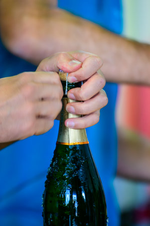 Tasting of sparkling white wine with bubbles champagne on summer weekend festival route of champagne in Cote des Bar, Champagne region, Franceの写真素材