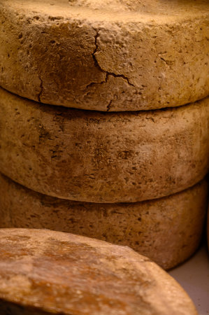 Different Asturian cheeses made from cow, goat and sheep milk on display in farmers cheese shop, Asturias, North Spain, close upの写真素材