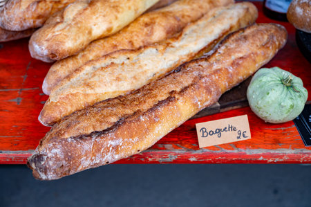 French artisan bakery in Bordeaux, rye and wheat bread and baguettes, France, french food, close upの写真素材