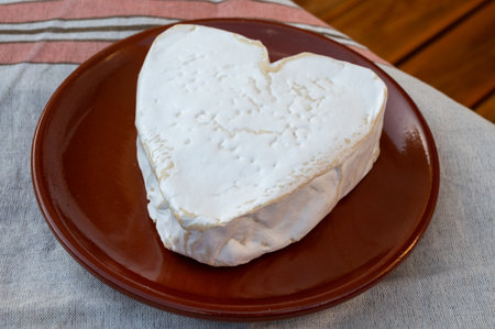 Cheese collection, French cheese from Normandy region, heart-shaped Neufchatel from farm shop close upの写真素材