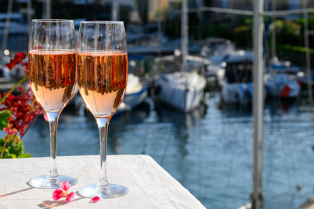 Summer party, drinking of French brut rose champagne sparkling wine in glasses in yacht harbor of Port Grimaud near Saint-Tropez, French Riviera vacation, Var, Franceの写真素材