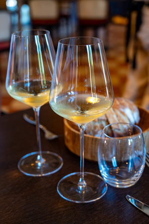 Tasting of Bordeaux white wine in Sauternes, left bank of Gironde Estuary, France. Glasses of white sweet French wine served in restaurantの写真素材