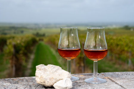 Tasting of Cognac strong alcohol drink in Cognac region, Grand Champagne, Charente with rows of ripe ready to harvest ugni blanc grape on background uses for spirits distillation, Franceの写真素材