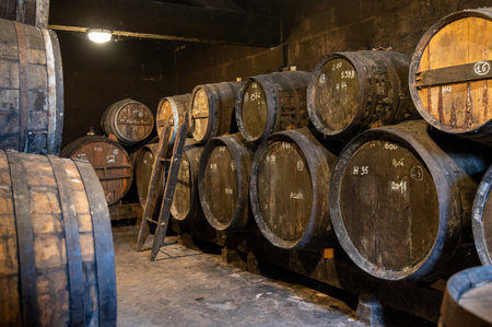 Aging process of cognac spirit in old dark French oak barrels in cellar in distillery house, Cognac white wine region, Charente, Segonzac, Grand Champagne, Franceの写真素材
